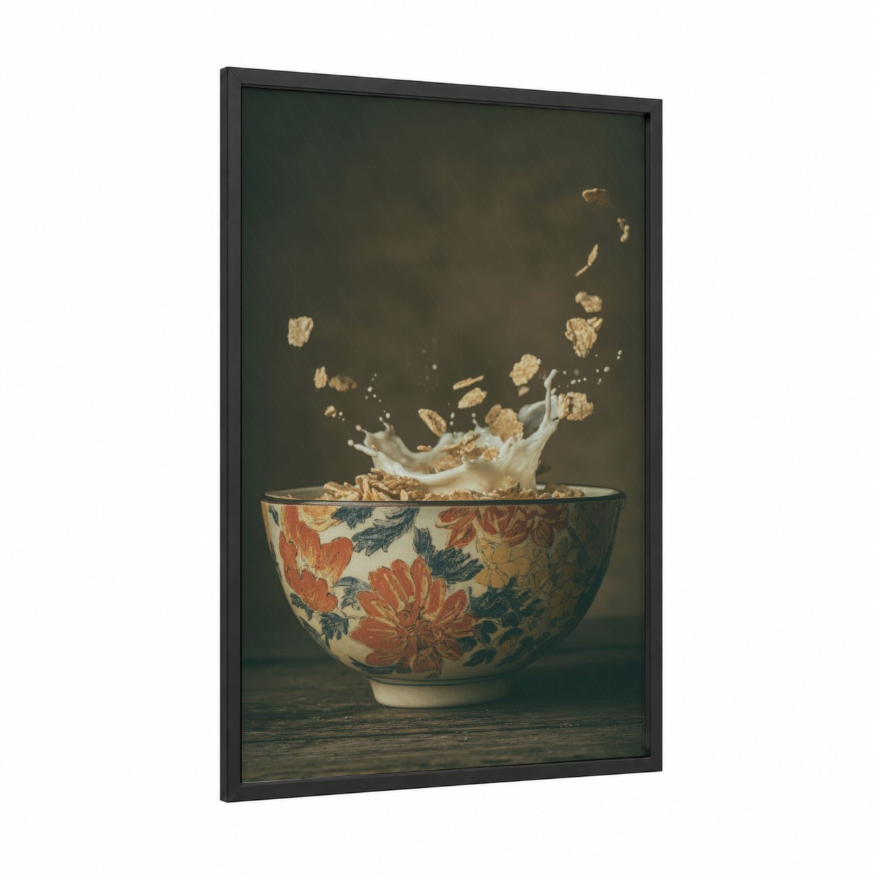 Milk Splash Breakfast framed art print — black wood frame — sage green and gold palette