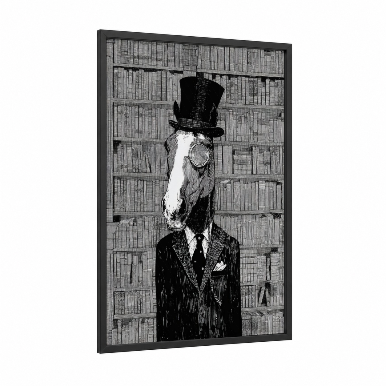 Steampunk Thoroughbred framed thoroughbred horse print — black wood frame — black and white palette