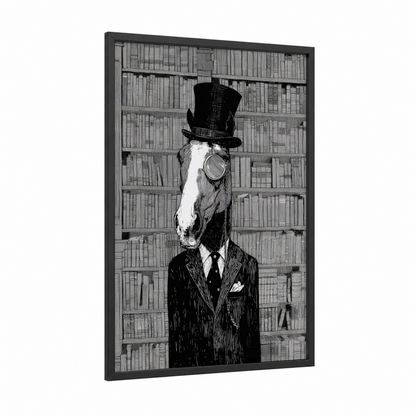Steampunk Thoroughbred framed thoroughbred horse print — black wood frame — black and white palette