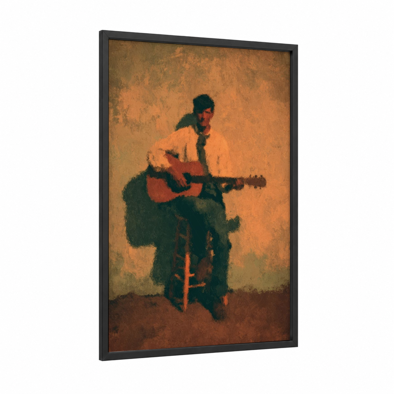 Acoustic Guitarist framed musician print — black wood frame — gold and brown palette