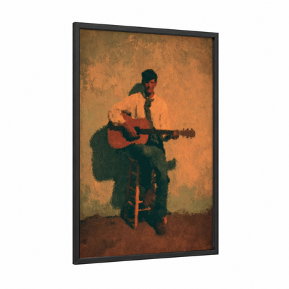 Acoustic Guitarist framed musician print — black wood frame — gold and brown palette