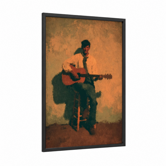 Acoustic Guitarist framed musician print — black wood frame — gold and brown palette