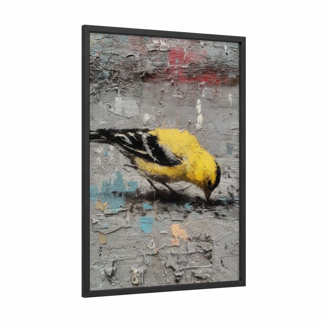 Yellow Finch framed art print — black wood frame — yellow and gray palette