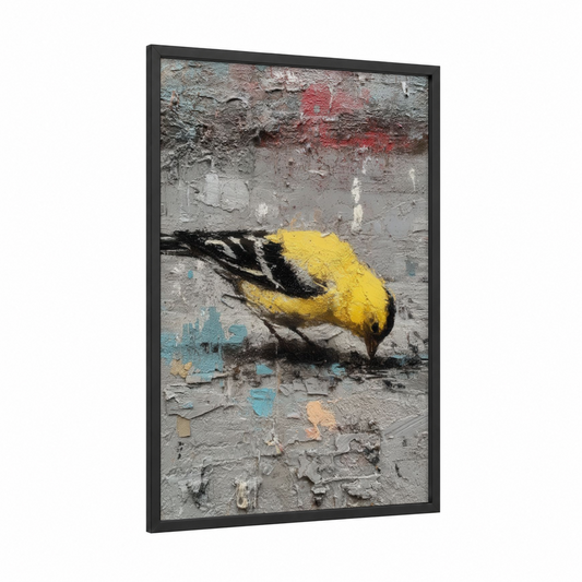 Yellow Finch framed art print — black wood frame — yellow and gray palette