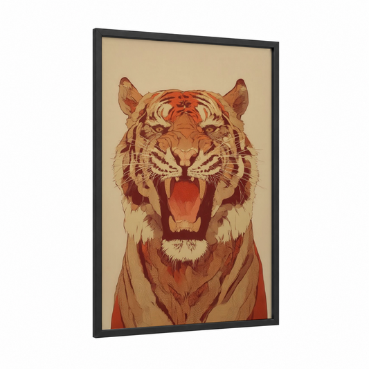 Roaring Tiger framed art print — black wood frame — russet and beige palette