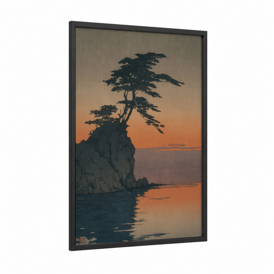 Coastal Cypress framed cypress tree print — black wood frame — gold and dark blue palette