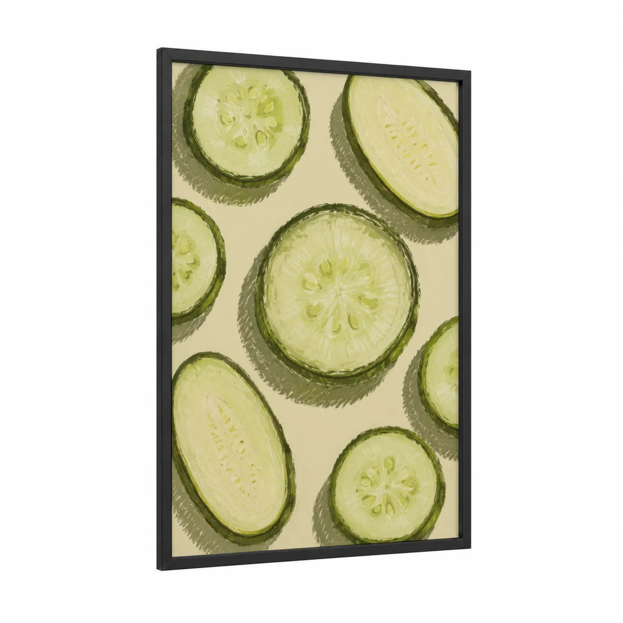 Cucumber Slices Kitchen Wall Art framed vegetable print — black wood frame — light green and cream palette