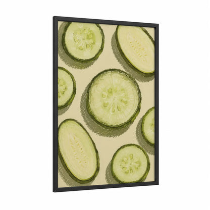 Cucumber Slices Kitchen Wall Art framed vegetable print — black wood frame — light green and cream palette