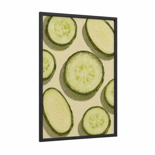 Cucumber Slices Kitchen Wall Art framed vegetable print — black wood frame — light green and cream palette