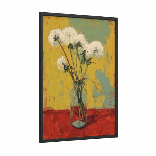 Dandelion Dreams framed art print — black wood frame — yellow gold and red palette
