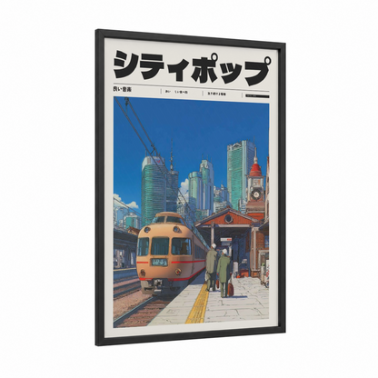 Retro Train Station framed anime and manga print — black wood frame — blue and orange palette