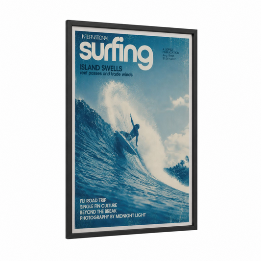 Vintage Surfing Magazine Cover Wall Art framed art print — black wood frame — blue and teal palette