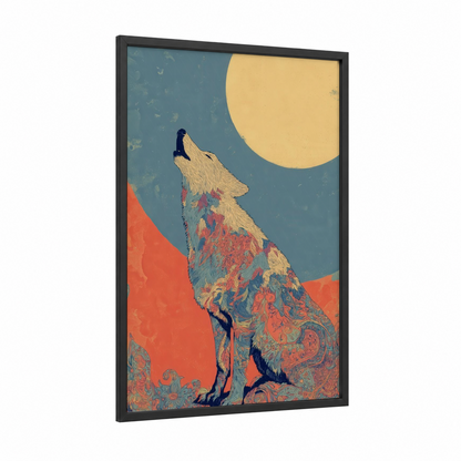 Howling Wolf framed art print — black wood frame — gold and teal palette