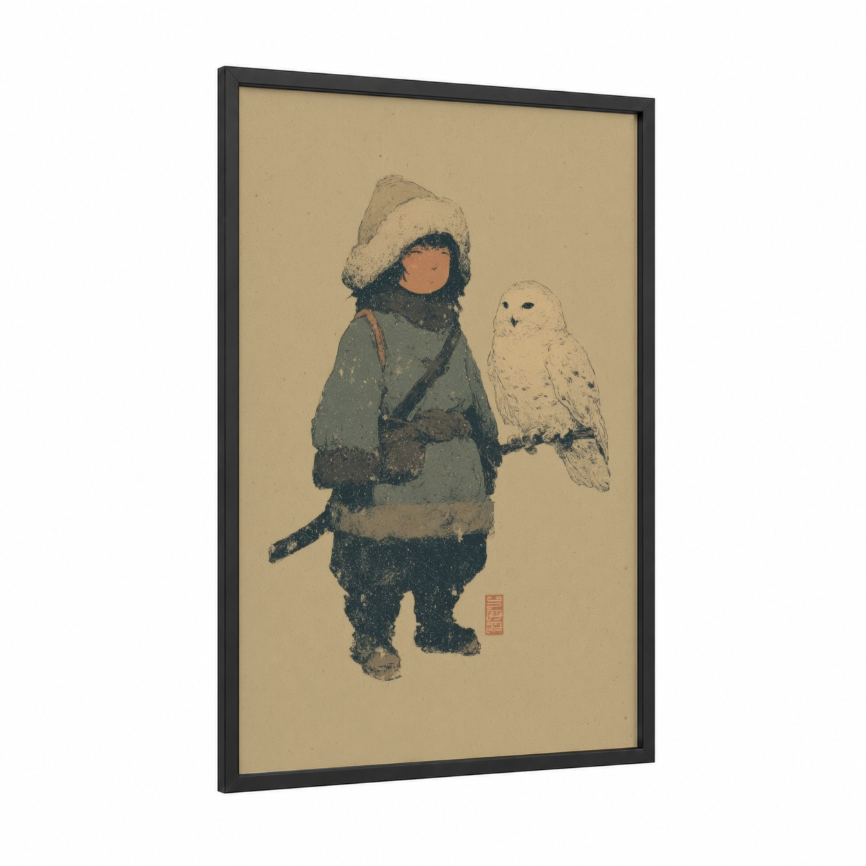 Snowy Dwarf Companion framed dwarves print — black wood frame — beige and blue and white palette