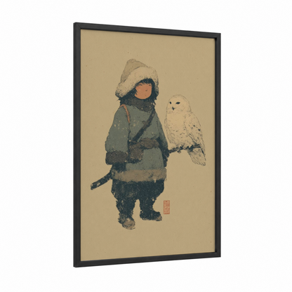 Snowy Dwarf Companion framed dwarves print — black wood frame — beige and blue and white palette