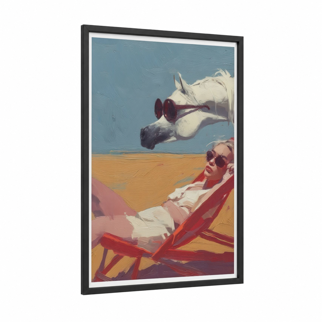 Dreamy Arabian Horse framed art print — black wood frame — blue and peach palette
