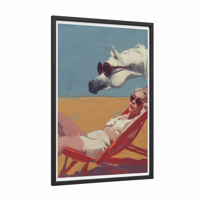 Dreamy Arabian Horse framed art print — black wood frame — blue and peach palette