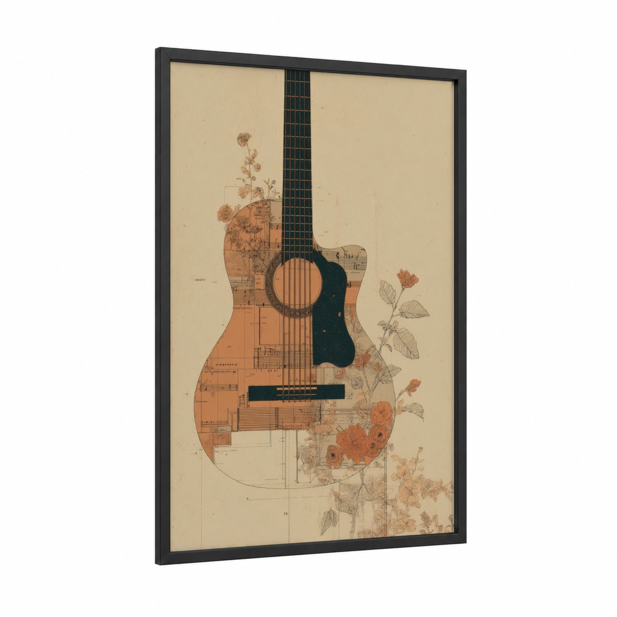 Botanical Guitar framed acoustic guitar print — black wood frame — russet and cream palette