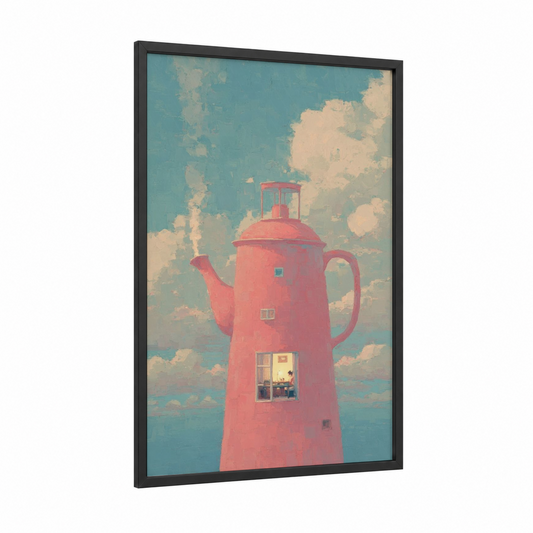 Pink Lighthouse Dream framed art print — black wood frame — salmon pink and teal palette