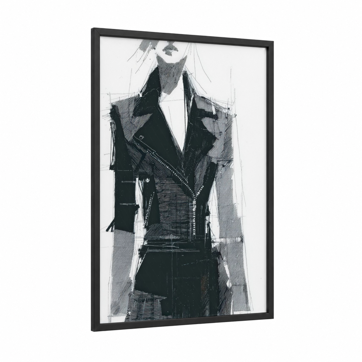 Edgy Leather Jacket framed fashion illustration print — black wood frame — black and white palette