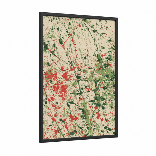 Garden Splatter Salad framed art print — black wood frame — red and true green palette