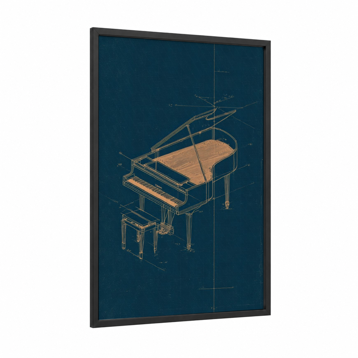 Grand Piano Blueprint framed art print — black wood frame — dark blue and gold palette