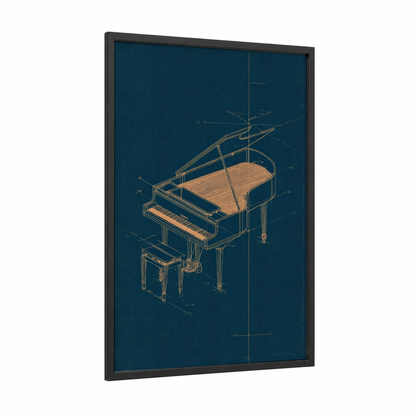 Grand Piano Blueprint framed art print — black wood frame — dark blue and gold palette