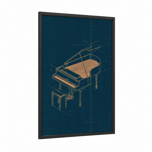 Grand Piano Blueprint framed art print — black wood frame — dark blue and gold palette