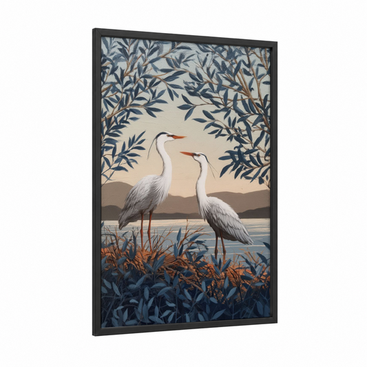 Lakeside Herons framed art print — black wood frame — blue and cream palette