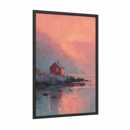 Crimson Sunset Cottage framed art print — black wood frame — peach and dove gray palette