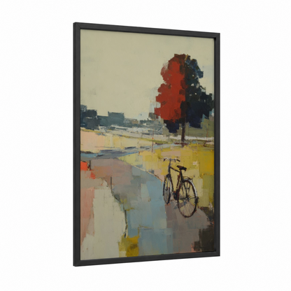 Urban Bicycle Landscape framed art print — black wood frame — red and blue palette