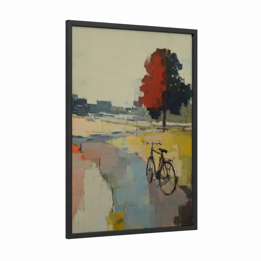 Urban Bicycle Landscape framed art print — black wood frame — red and blue palette