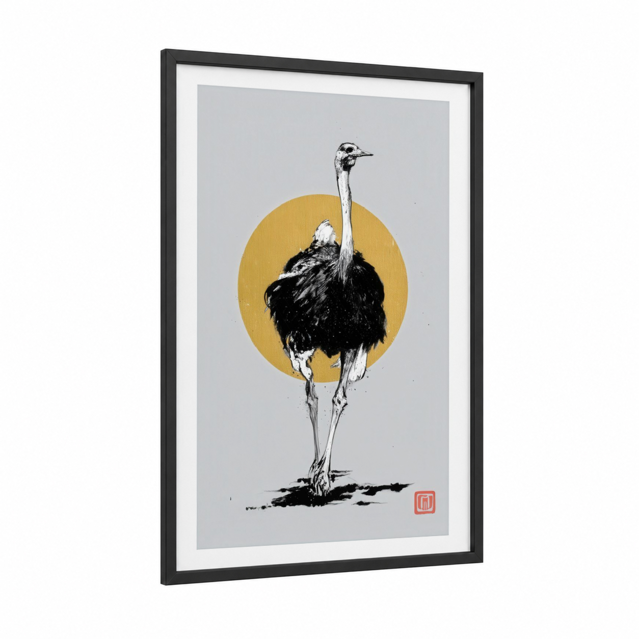 Golden Ostrich framed art print — black wood frame — gold and black and white palette
