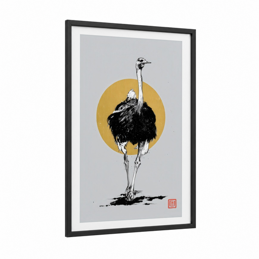 Golden Ostrich framed art print — black wood frame — gold and black and white palette