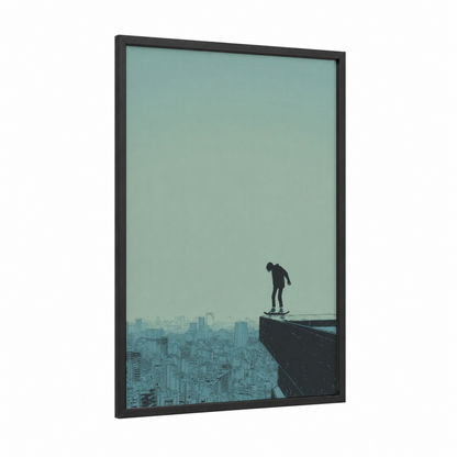 Urban Skateboarder framed skateboarding print — black wood frame — turquoise and black palette