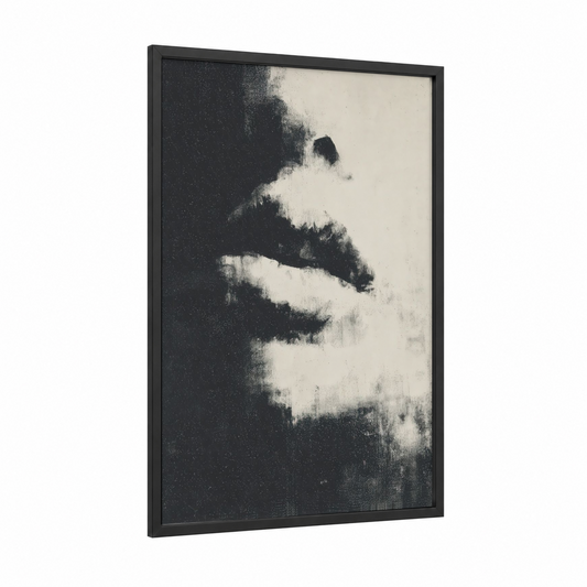 Whispered Elegance framed lip print — black wood frame — black and white and gray palette