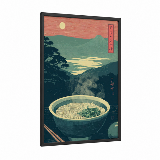 Moonlit Ramen framed pasta print — black wood frame — teal and salmon pink palette
