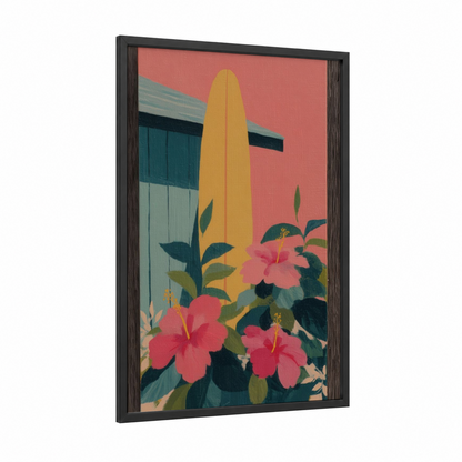 Tropical Surfboard framed surfing print — black wood frame — gold and rose gold palette