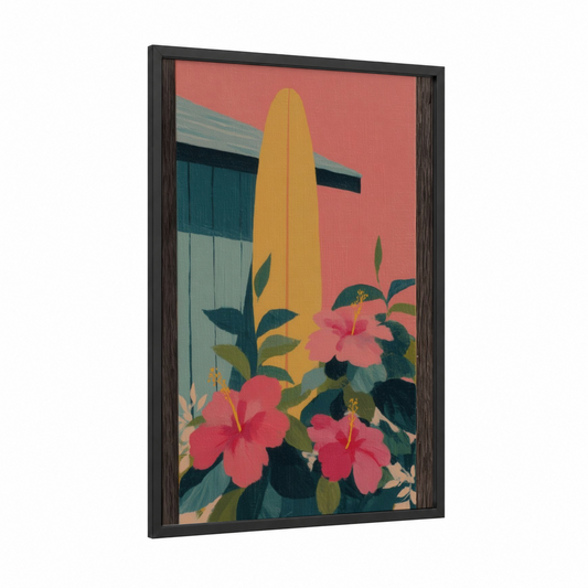 Tropical Surfboard framed surfing print — black wood frame — gold and rose gold palette