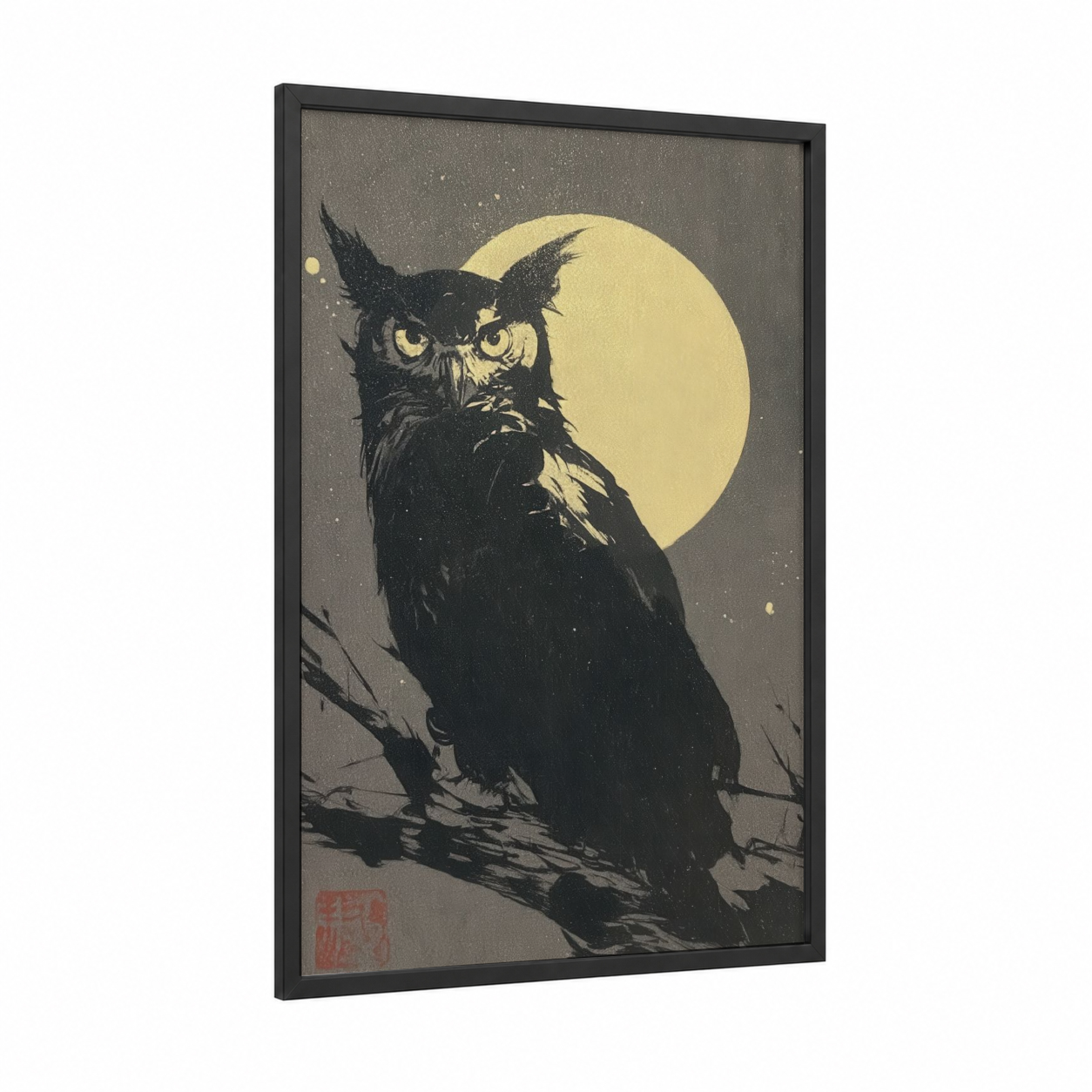 Moonlit Owl framed art print — black wood frame — black and white and yellow gold palette
