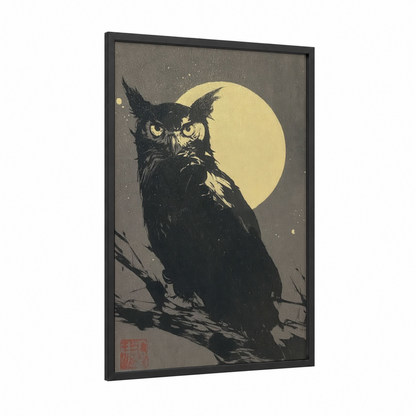 Moonlit Owl framed art print — black wood frame — black and white and yellow gold palette