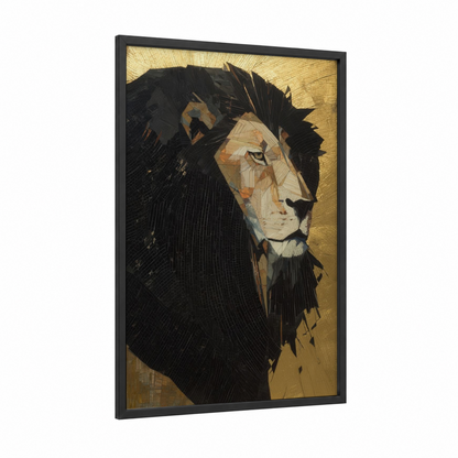 Golden Lion framed art print — black wood frame — gold and black palette