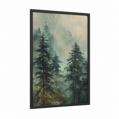 Misty Redwoods framed redwood tree print — black wood frame — gray and dove gray palette
