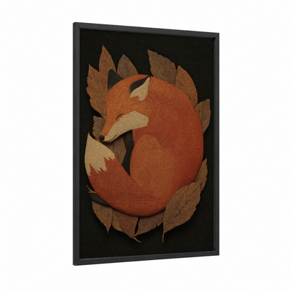 Sleeping Fox Woodcarving framed art print — black wood frame — gold palette