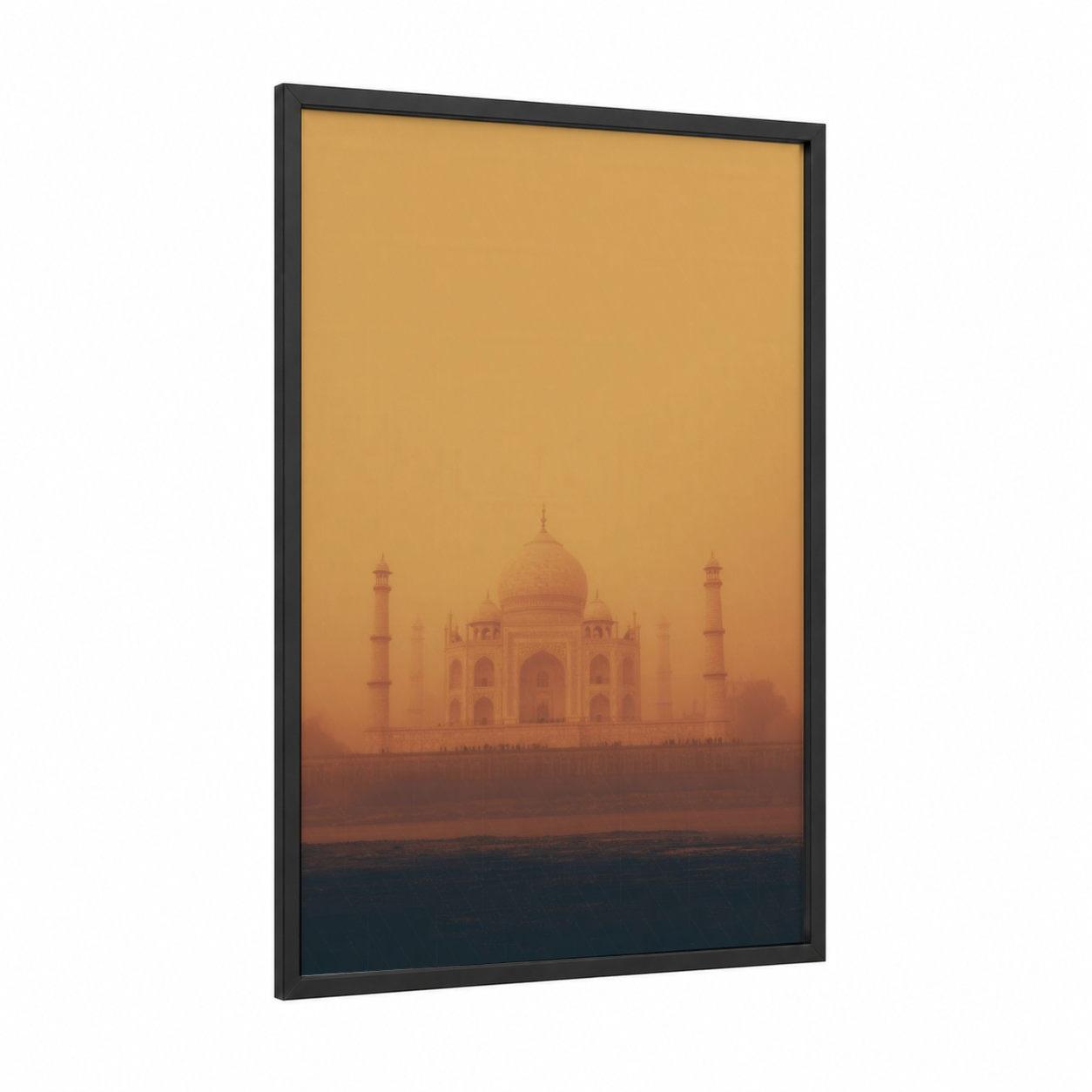 Golden Taj Mahal framed art print — black wood frame — gold and orange palette