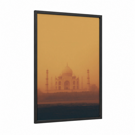 Golden Taj Mahal framed art print — black wood frame — gold and orange palette