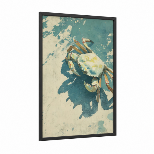 Coastal Crab framed art print — black wood frame — teal and cream palette