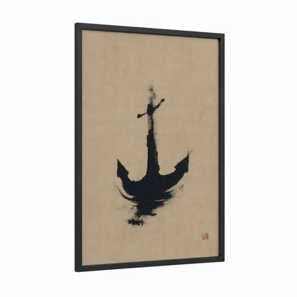 Inverted Anchor framed art print — black wood frame — beige and black palette
