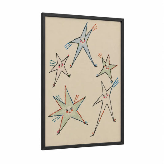 Whimsical Dancing Stars Wall Art framed art print — black wood frame — beige and cream palette