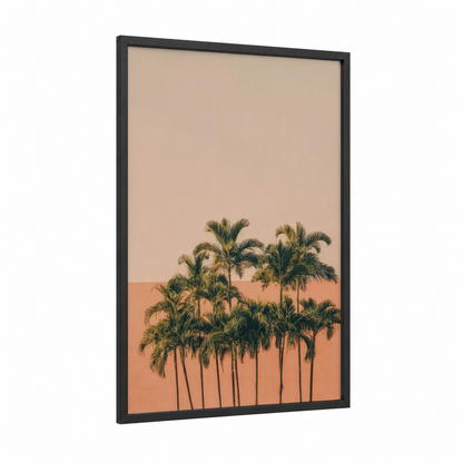 Desert Palm Grove framed palm forest print — black wood frame — peach and beige palette